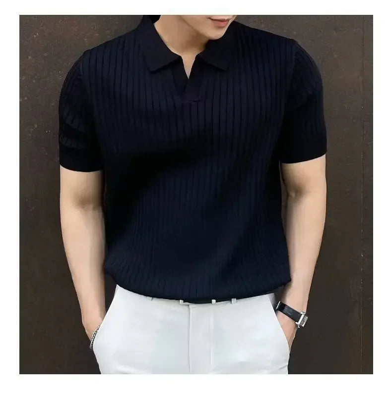 2024 Summer Men's Ice Silk Lapel Polo Short Sleeve Thin Fashionable V-neck Striped Knit Base Layer Top Men's Shirt