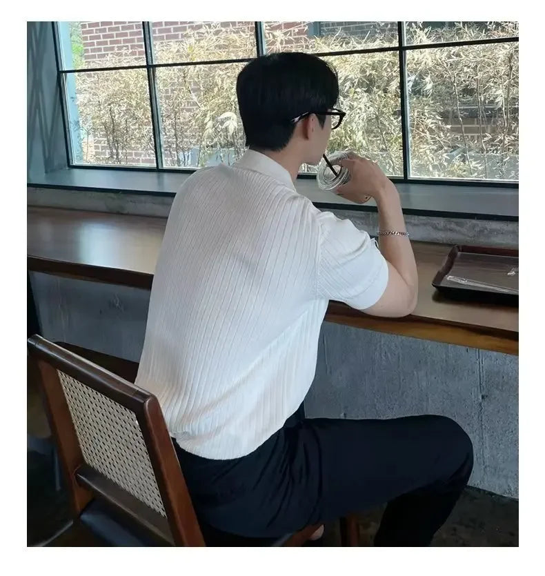 2024 Summer Men's Ice Silk Lapel Polo Short Sleeve Thin Fashionable V-neck Striped Knit Base Layer Top Men's Shirt