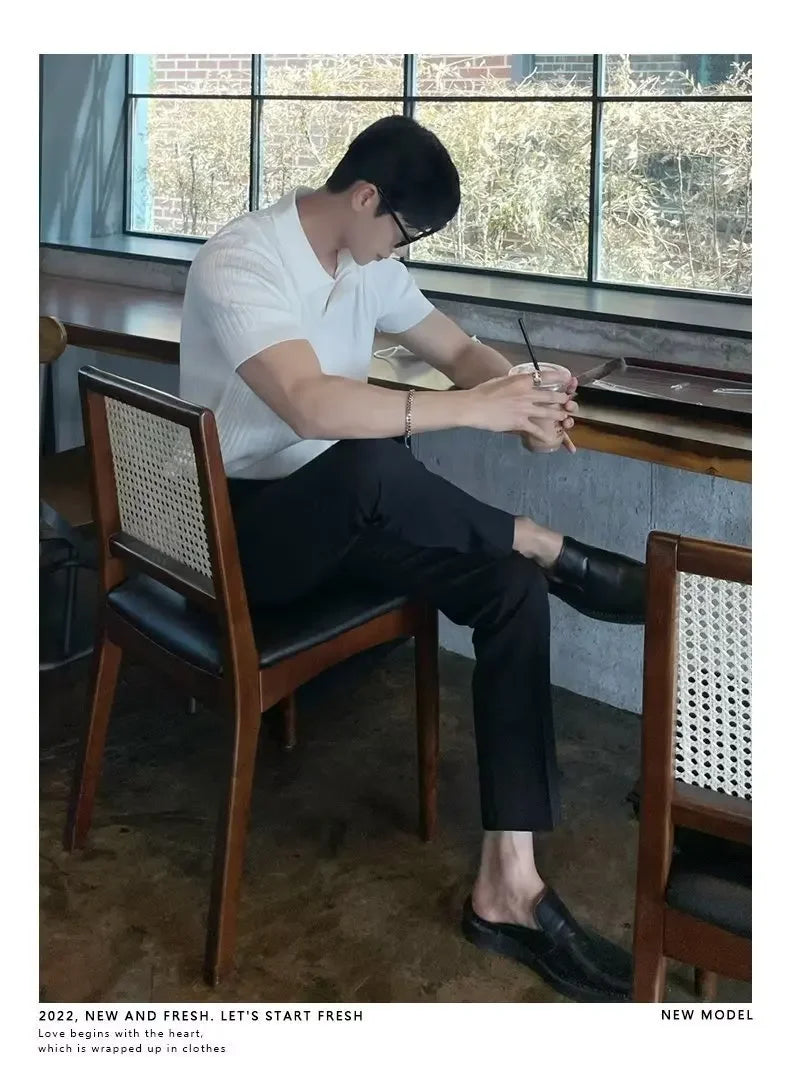 2024 Summer Men's Ice Silk Lapel Polo Short Sleeve Thin Fashionable V-neck Striped Knit Base Layer Top Men's Shirt