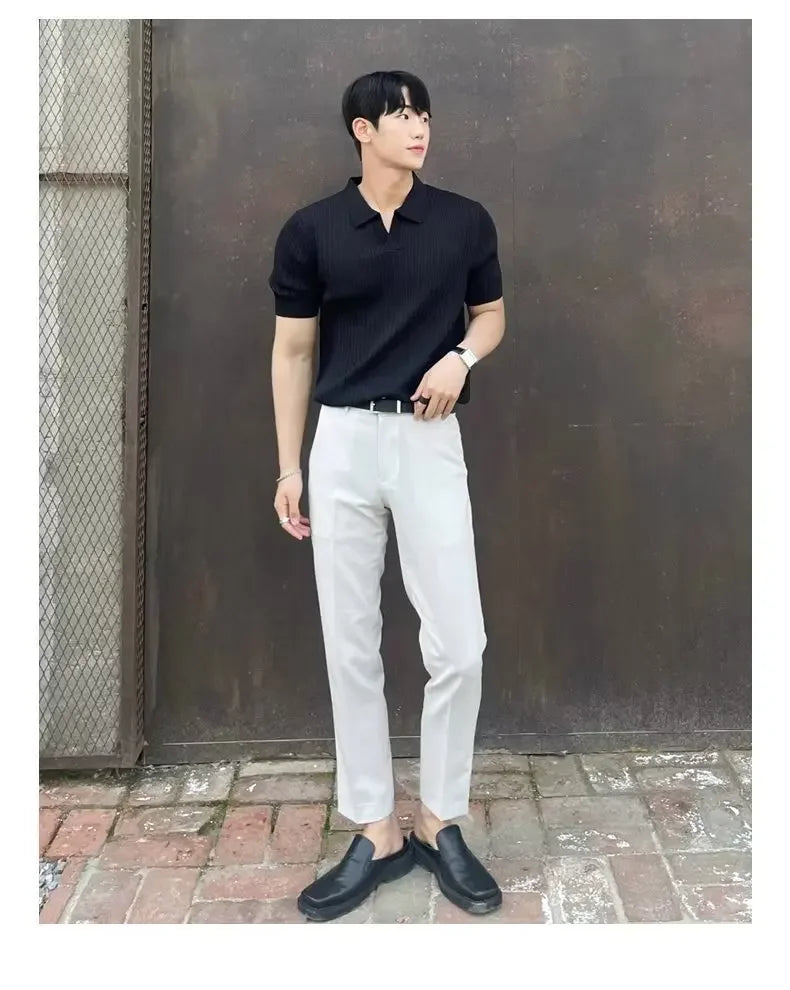 2024 Summer Men's Ice Silk Lapel Polo Short Sleeve Thin Fashionable V-neck Striped Knit Base Layer Top Men's Shirt