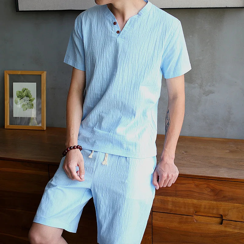 2025 Cotton Set Men's T-shirt Short-sleeved Summer New Youth Solid Color V-neck Base Shirt Short-sleeved Set