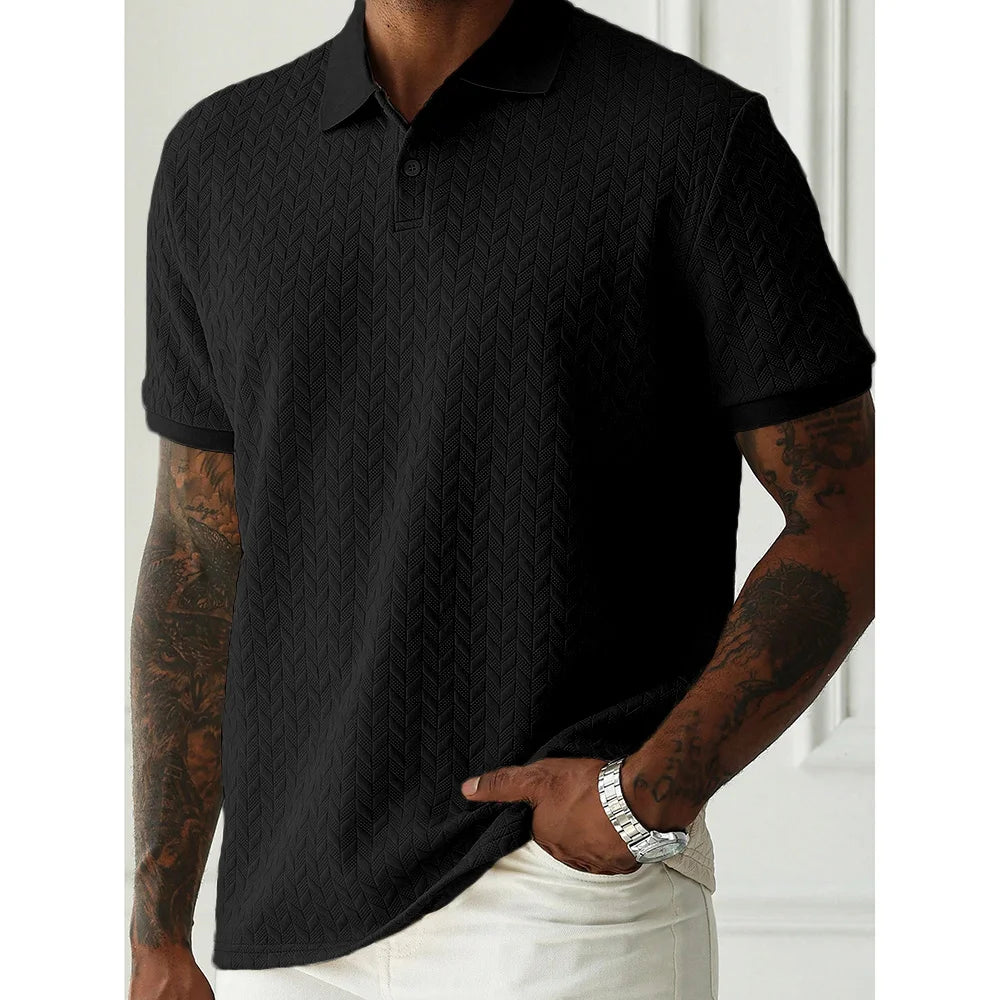 Spring Summer Mens High Quality Jacquard Polo Shirt Short Sleeve Heavyweight Casual T-shirt Turn-down Collar Fashion Button Up