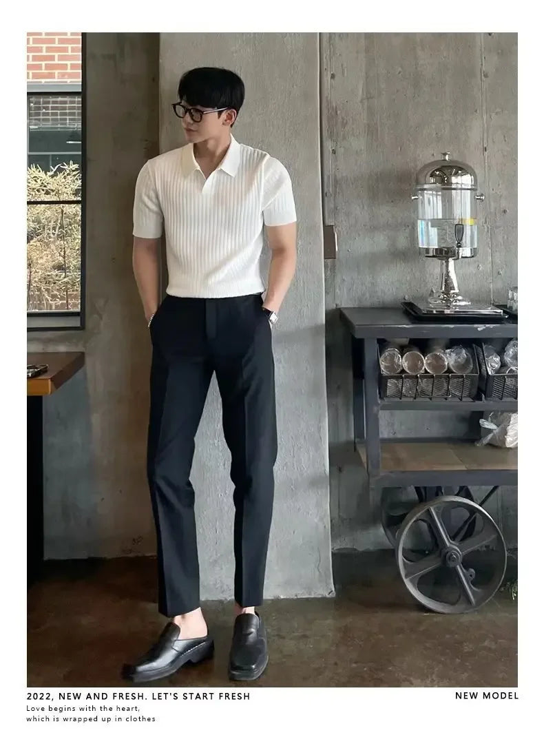 2024 Summer Men's Ice Silk Lapel Polo Short Sleeve Thin Fashionable V-neck Striped Knit Base Layer Top Men's Shirt