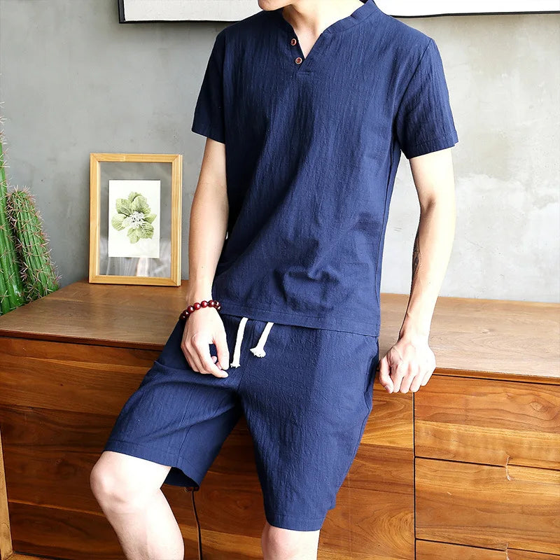 2025 Cotton Set Men's T-shirt Short-sleeved Summer New Youth Solid Color V-neck Base Shirt Short-sleeved Set