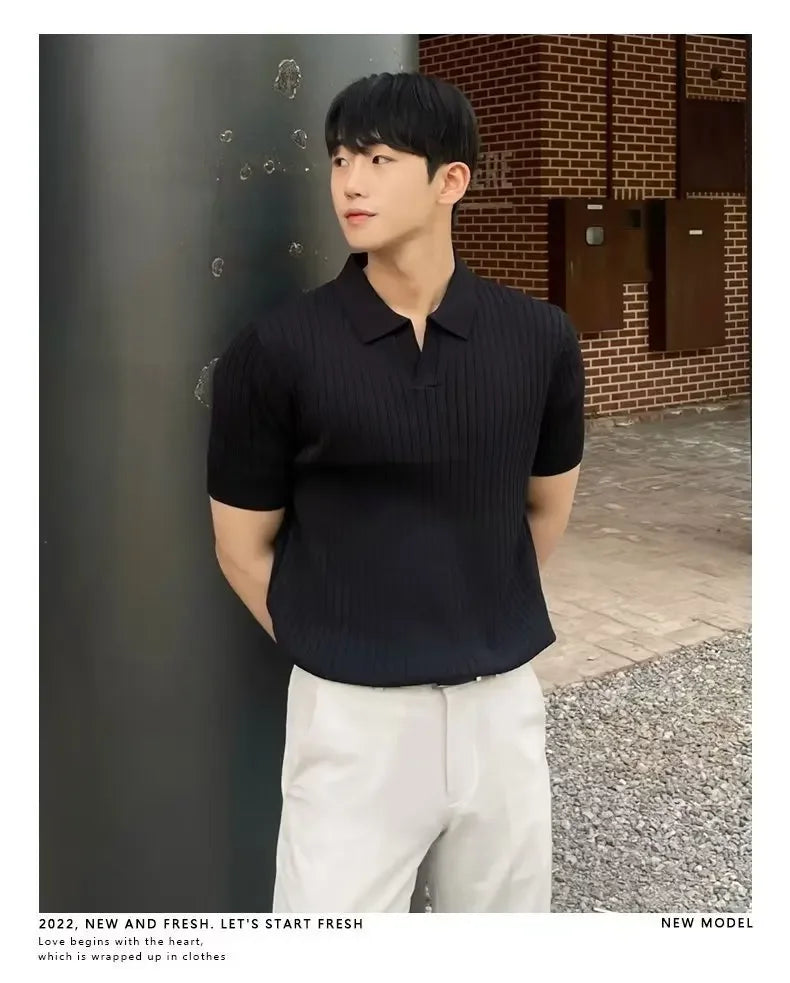 2024 Summer Men's Ice Silk Lapel Polo Short Sleeve Thin Fashionable V-neck Striped Knit Base Layer Top Men's Shirt