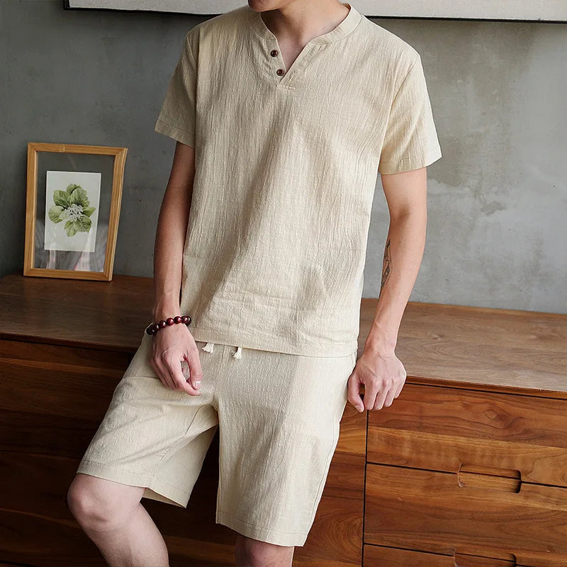 2025 Cotton Set Men's T-shirt Short-sleeved Summer New Youth Solid Color V-neck Base Shirt Short-sleeved Set