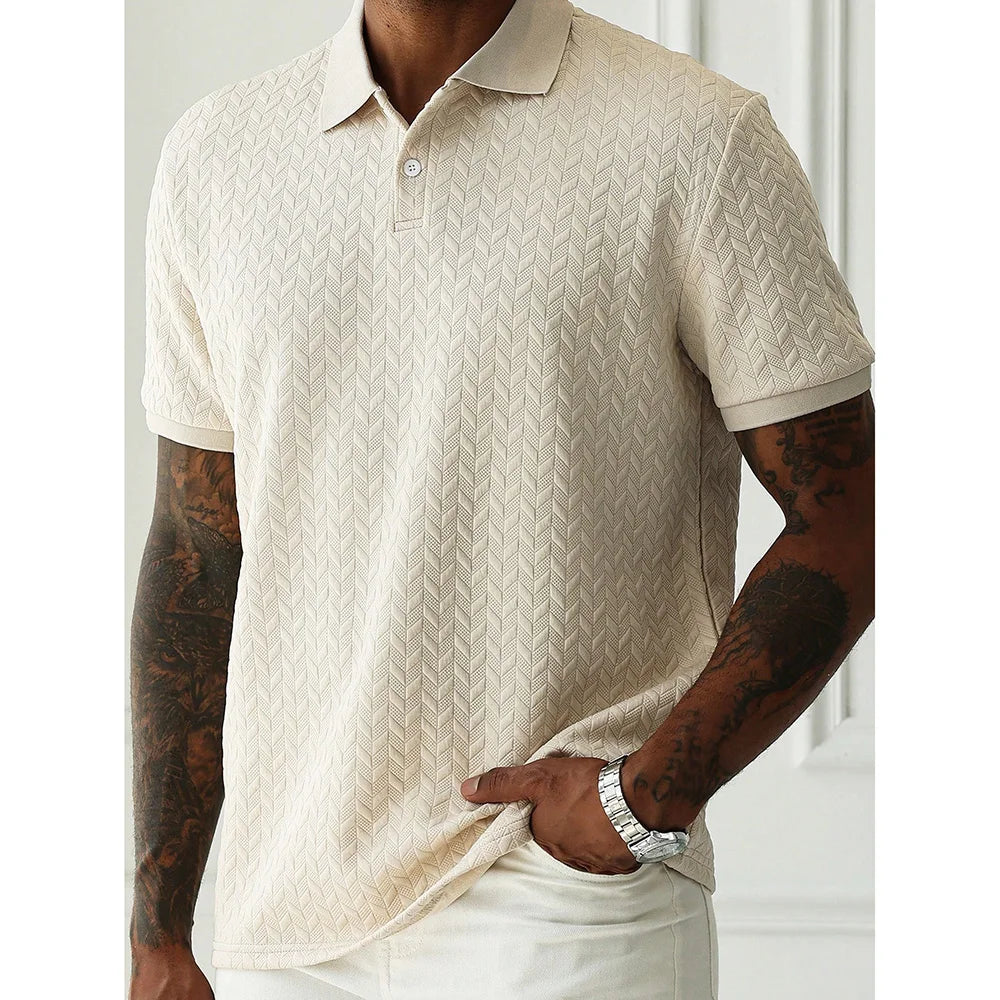 Spring Summer Mens High Quality Jacquard Polo Shirt Short Sleeve Heavyweight Casual T-shirt Turn-down Collar Fashion Button Up