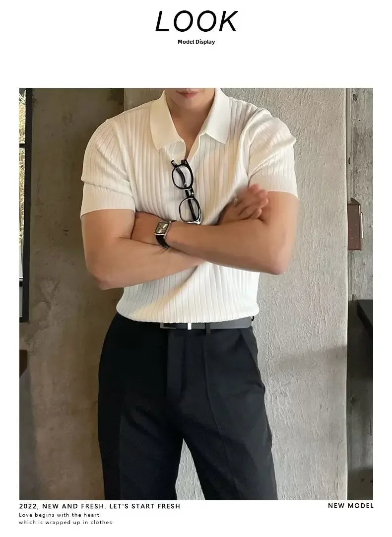 2024 Summer Men's Ice Silk Lapel Polo Short Sleeve Thin Fashionable V-neck Striped Knit Base Layer Top Men's Shirt