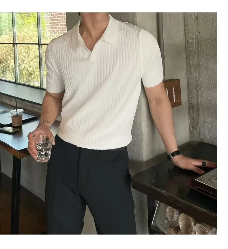 2024 Summer Men's Ice Silk Lapel Polo Short Sleeve Thin Fashionable V-neck Striped Knit Base Layer Top Men's Shirt