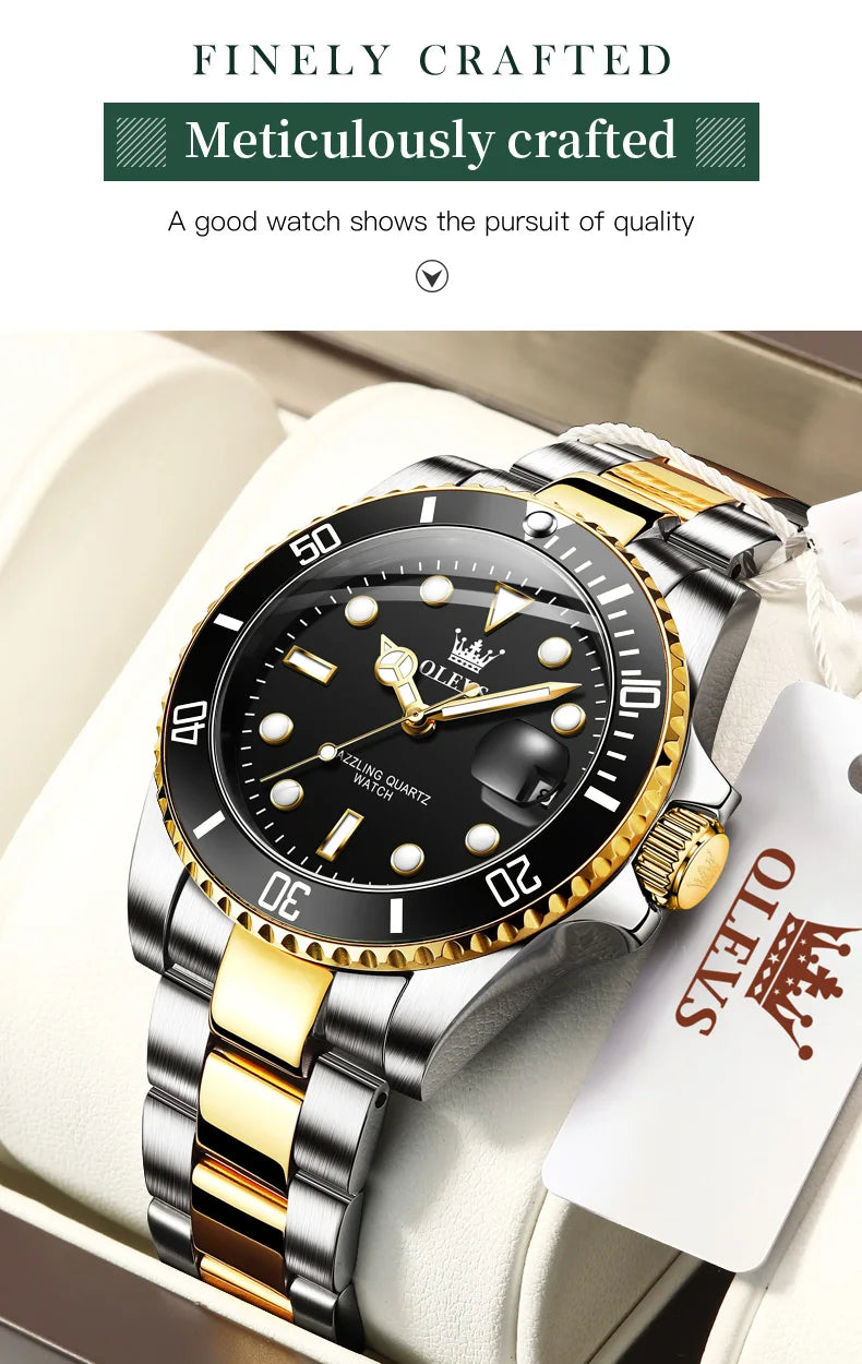 OLEVS Watches for Men with Date Luxury Big Face Waterproof Mens Wristwatch Analog Dress Two Tone Stainless Steel Man Watch