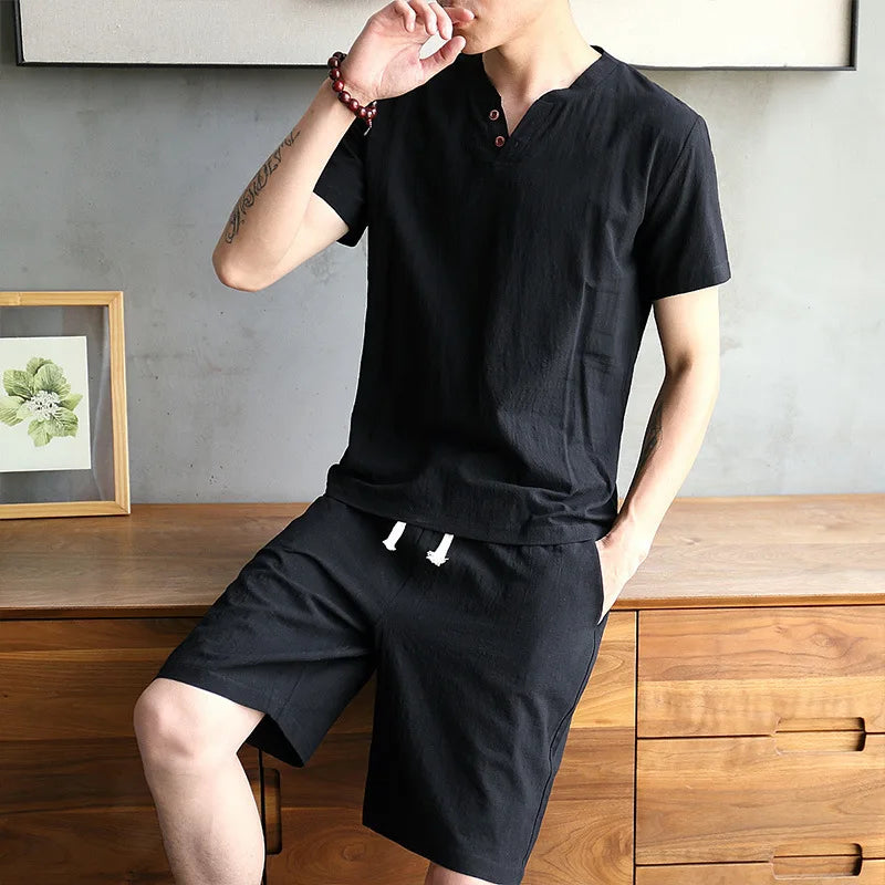 2025 Cotton Set Men's T-shirt Short-sleeved Summer New Youth Solid Color V-neck Base Shirt Short-sleeved Set