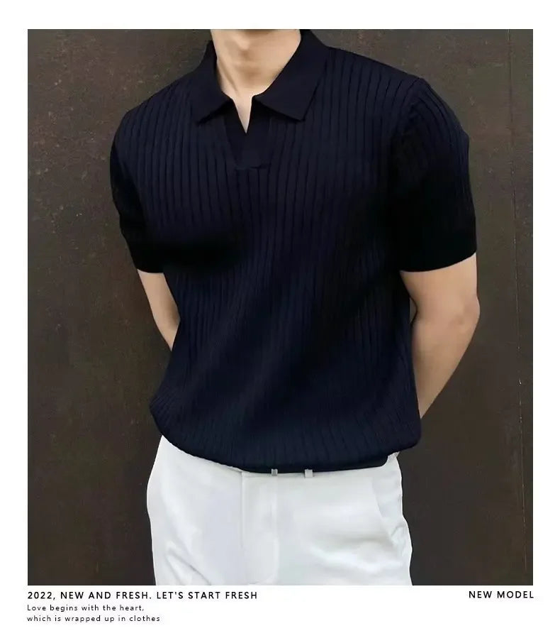 2024 Summer Men's Ice Silk Lapel Polo Short Sleeve Thin Fashionable V-neck Striped Knit Base Layer Top Men's Shirt