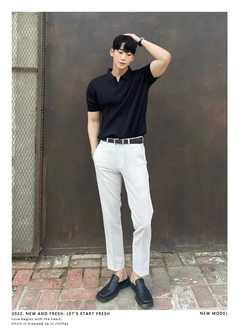 2024 Summer Men's Ice Silk Lapel Polo Short Sleeve Thin Fashionable V-neck Striped Knit Base Layer Top Men's Shirt