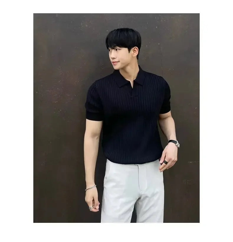 2024 Summer Men's Ice Silk Lapel Polo Short Sleeve Thin Fashionable V-neck Striped Knit Base Layer Top Men's Shirt