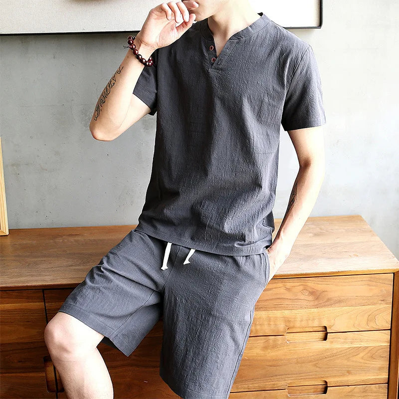 2025 Cotton Set Men's T-shirt Short-sleeved Summer New Youth Solid Color V-neck Base Shirt Short-sleeved Set