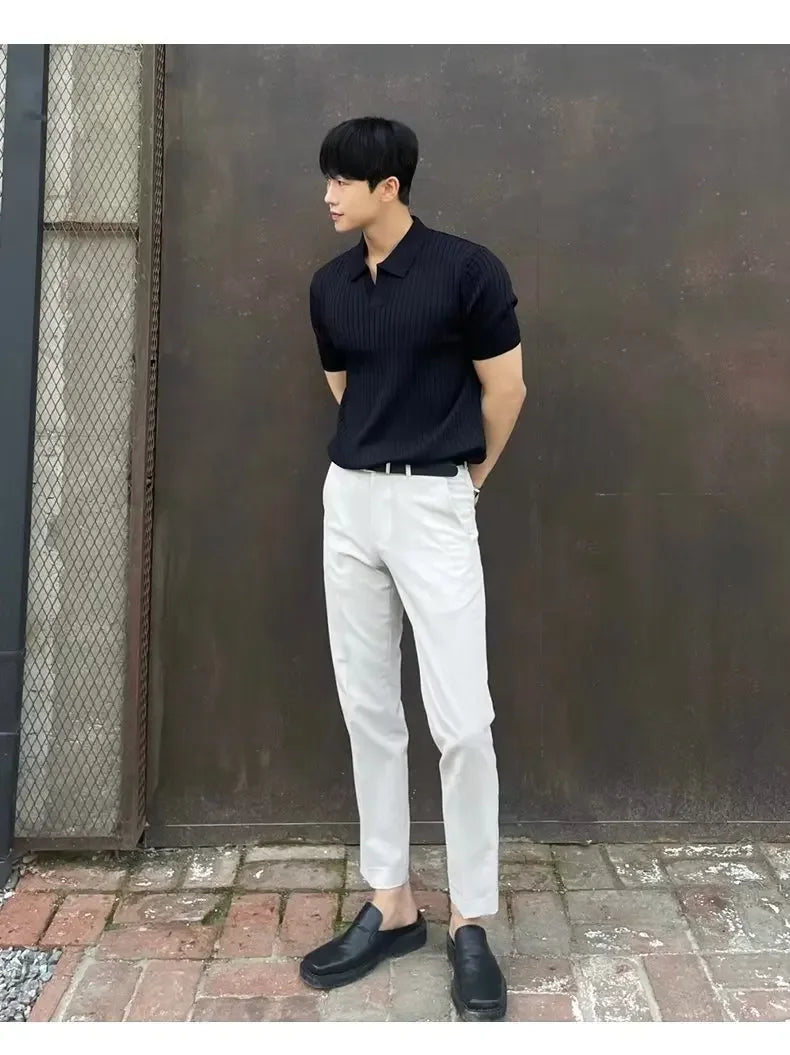 2024 Summer Men's Ice Silk Lapel Polo Short Sleeve Thin Fashionable V-neck Striped Knit Base Layer Top Men's Shirt