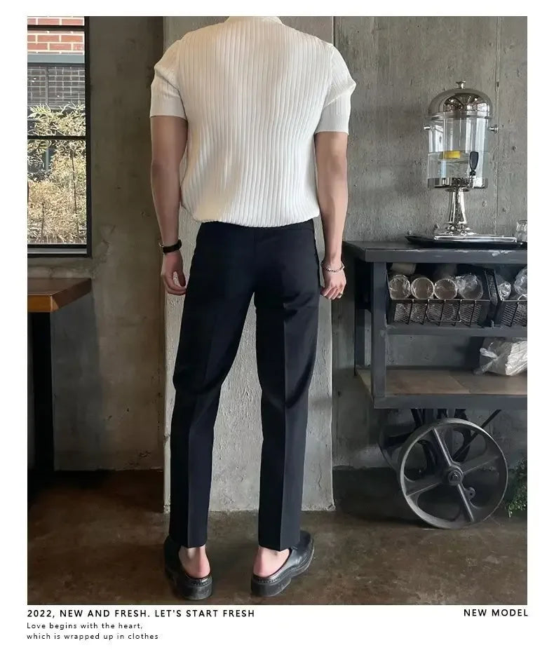 2024 Summer Men's Ice Silk Lapel Polo Short Sleeve Thin Fashionable V-neck Striped Knit Base Layer Top Men's Shirt