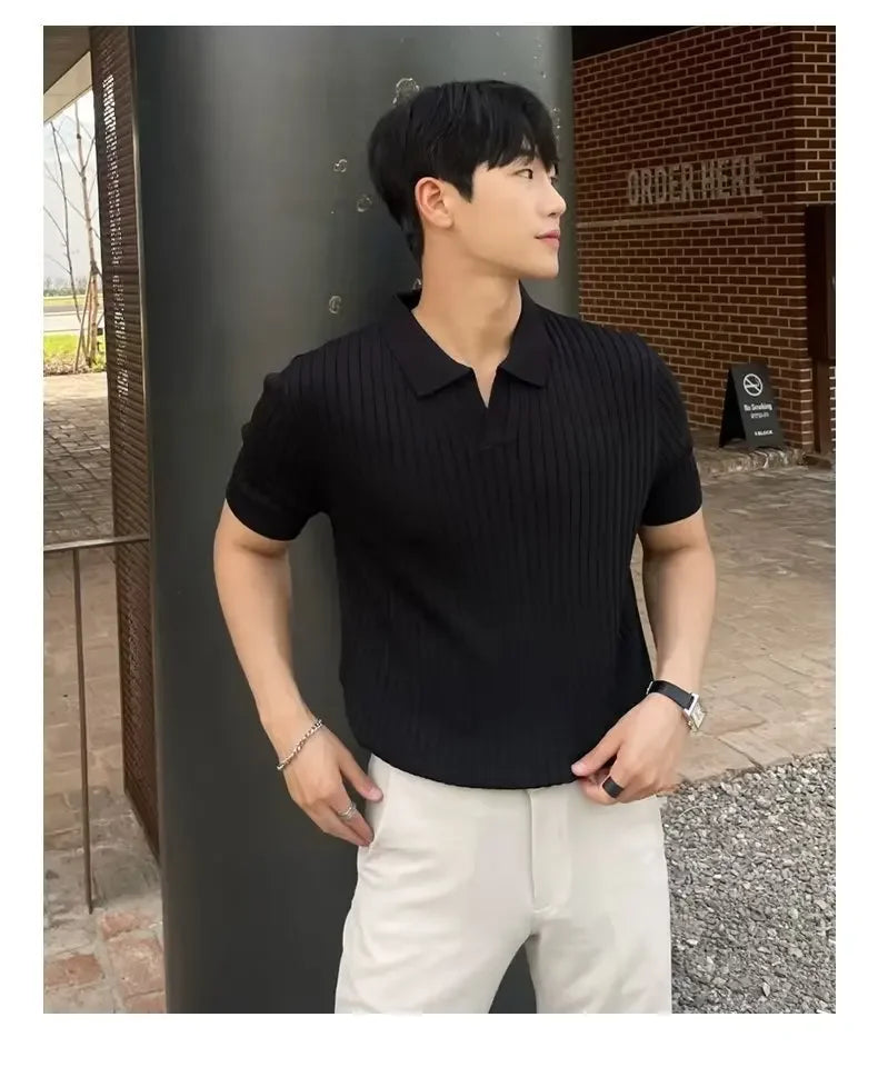 2024 Summer Men's Ice Silk Lapel Polo Short Sleeve Thin Fashionable V-neck Striped Knit Base Layer Top Men's Shirt
