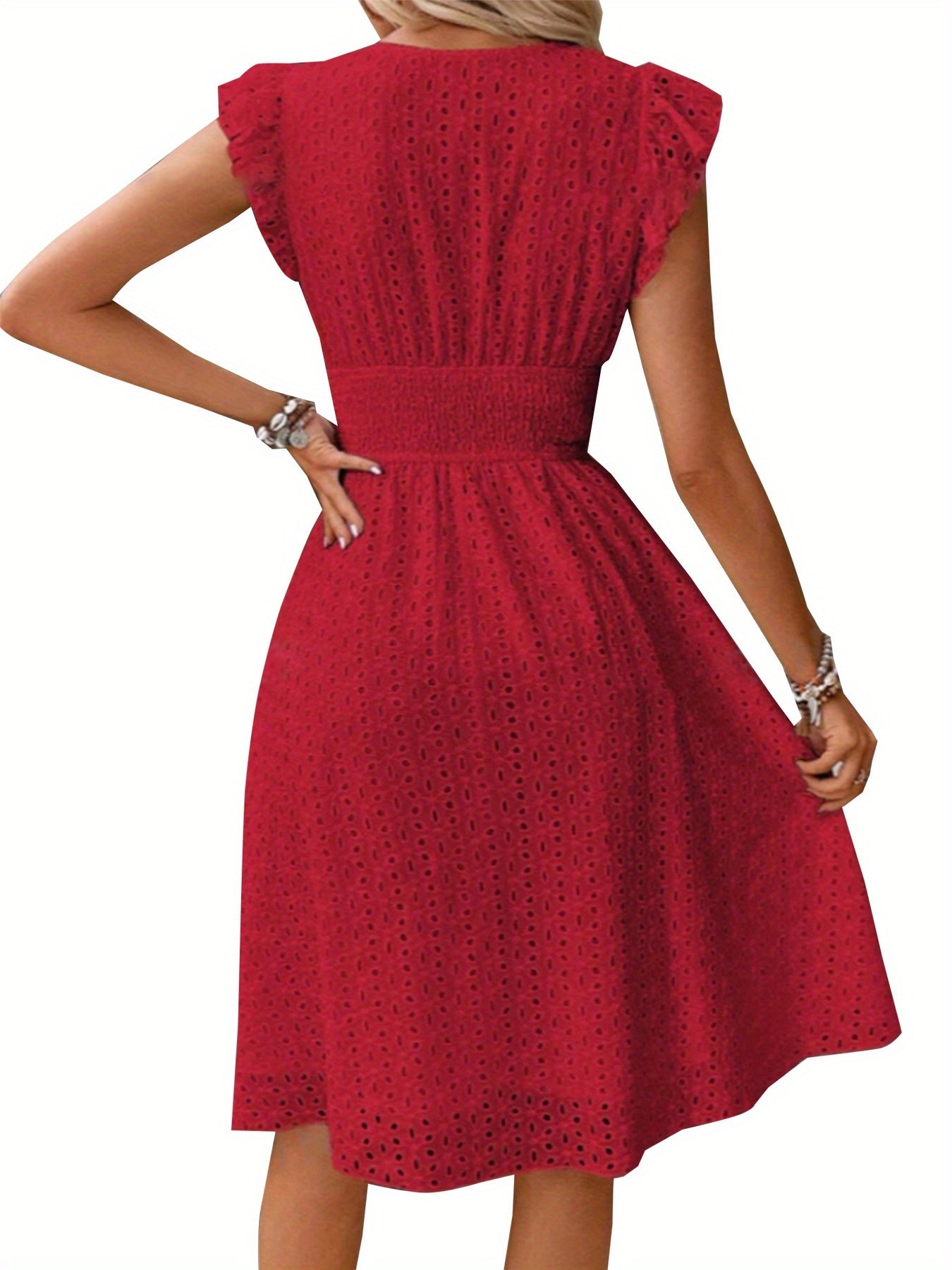 [Elegant Ruffle Sleeve Dress] Elegant Navy Blue Ruffle Sleeve Dress | V-Neck, Cinched Waist, Knee-Length, Solid Color - Perfect for Spring/Summer, Adult Women's Fashion, Casual Attire, Texture