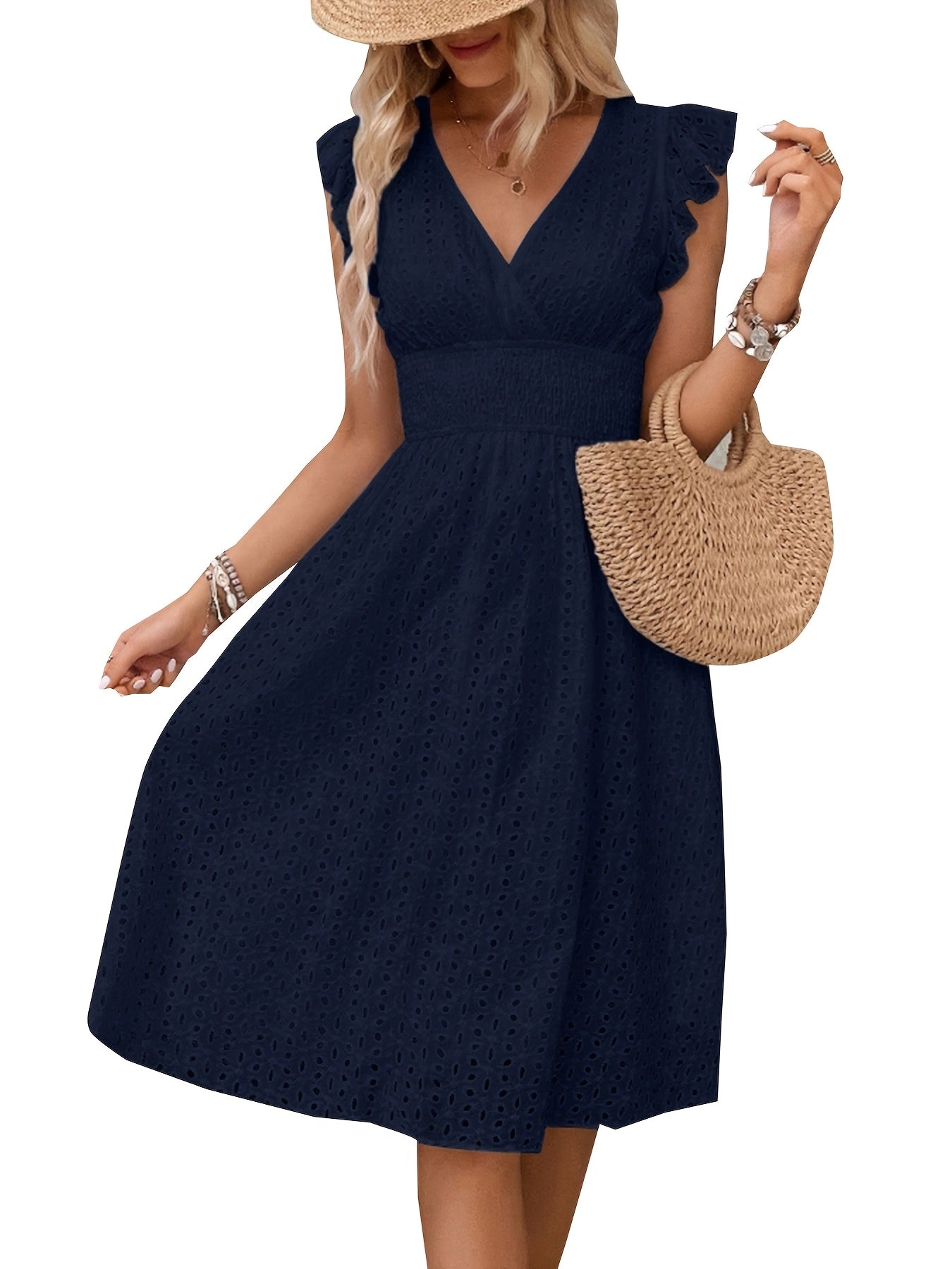 [Elegant Ruffle Sleeve Dress] Elegant Navy Blue Ruffle Sleeve Dress | V-Neck, Cinched Waist, Knee-Length, Solid Color - Perfect for Spring/Summer, Adult Women's Fashion, Casual Attire, Texture