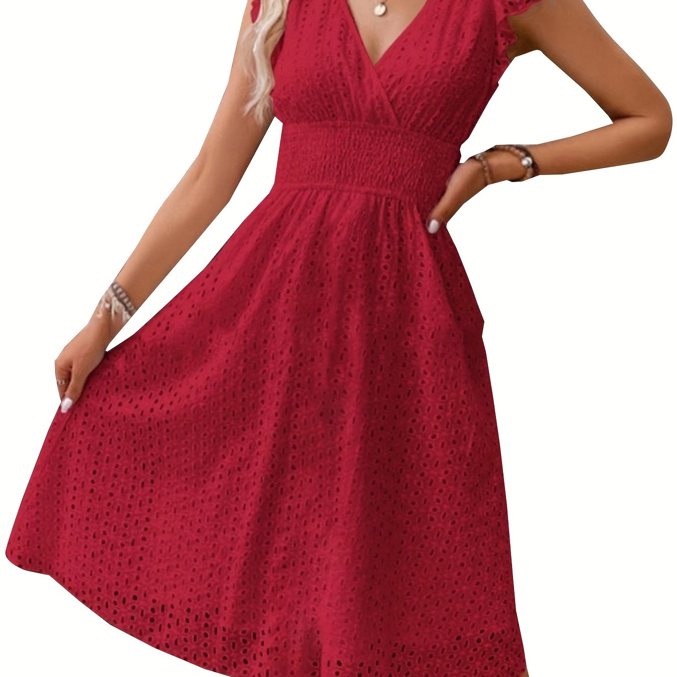 [Elegant Ruffle Sleeve Dress] Elegant Navy Blue Ruffle Sleeve Dress | V-Neck, Cinched Waist, Knee-Length, Solid Color - Perfect for Spring/Summer, Adult Women's Fashion, Casual Attire, Texture