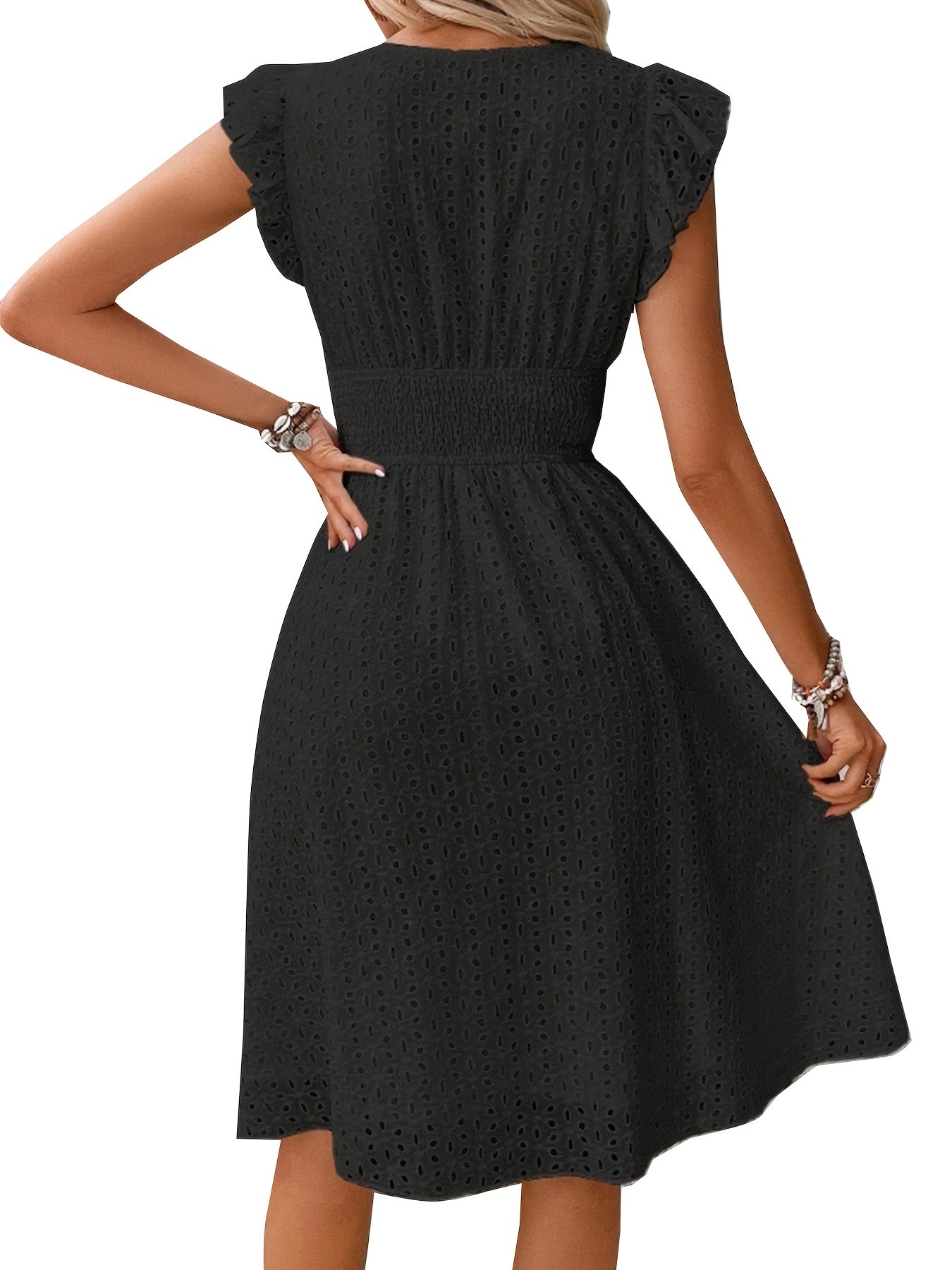 [Elegant Ruffle Sleeve Dress] Elegant Navy Blue Ruffle Sleeve Dress | V-Neck, Cinched Waist, Knee-Length, Solid Color - Perfect for Spring/Summer, Adult Women's Fashion, Casual Attire, Texture