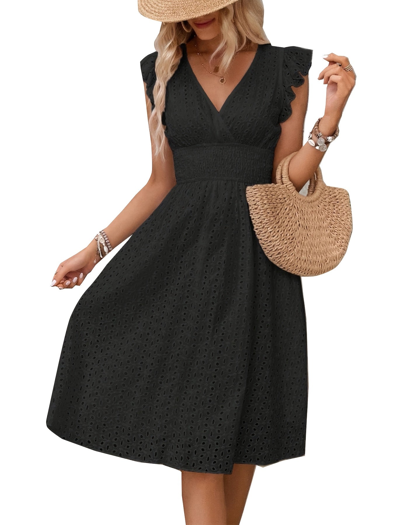 [Elegant Ruffle Sleeve Dress] Elegant Navy Blue Ruffle Sleeve Dress | V-Neck, Cinched Waist, Knee-Length, Solid Color - Perfect for Spring/Summer, Adult Women's Fashion, Casual Attire, Texture