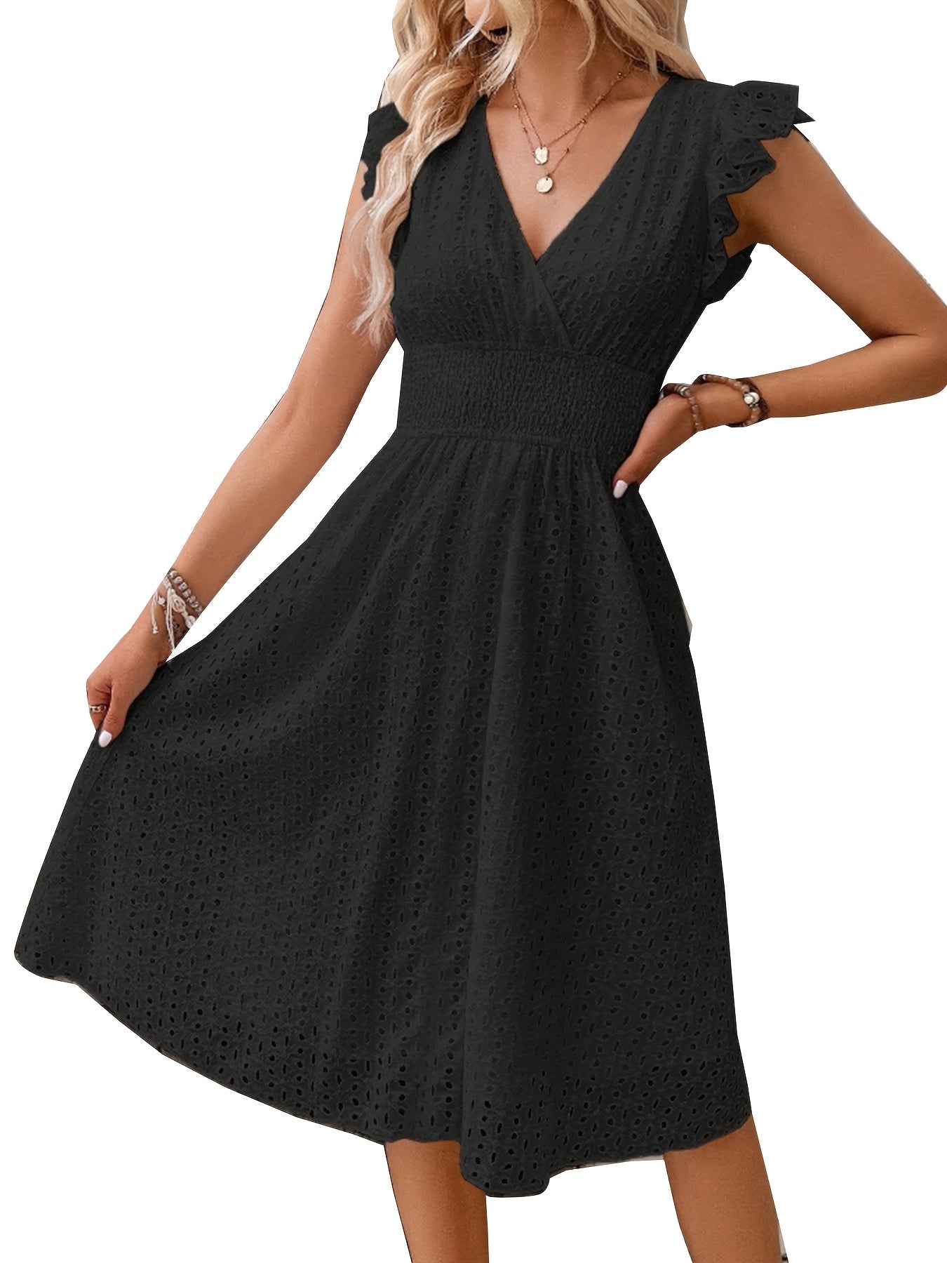 [Elegant Ruffle Sleeve Dress] Elegant Navy Blue Ruffle Sleeve Dress | V-Neck, Cinched Waist, Knee-Length, Solid Color - Perfect for Spring/Summer, Adult Women's Fashion, Casual Attire, Texture