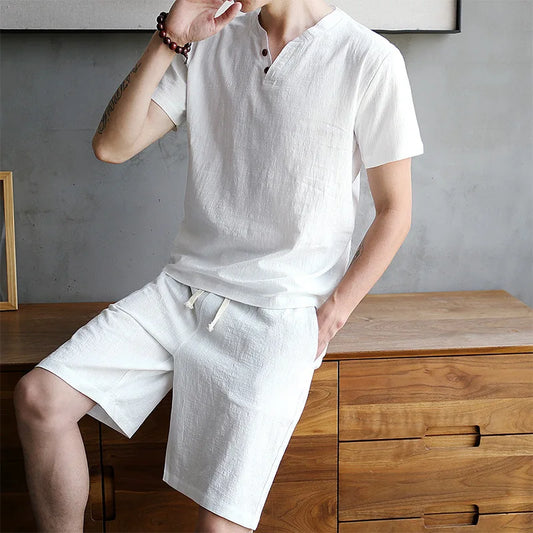 2025 Cotton Set Men's T-shirt Short-sleeved Summer New Youth Solid Color V-neck Base Shirt Short-sleeved Set