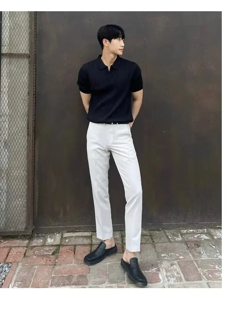 2024 Summer Men's Ice Silk Lapel Polo Short Sleeve Thin Fashionable V-neck Striped Knit Base Layer Top Men's Shirt
