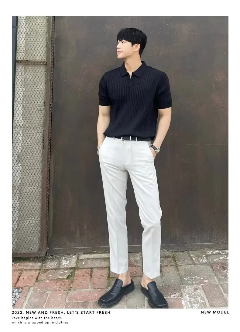2024 Summer Men's Ice Silk Lapel Polo Short Sleeve Thin Fashionable V-neck Striped Knit Base Layer Top Men's Shirt