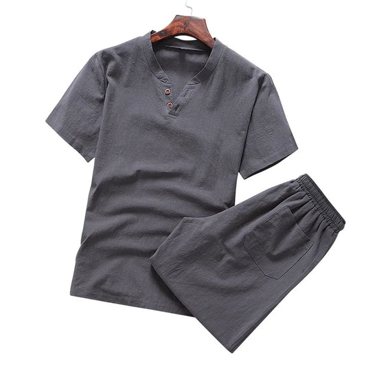 2025 Cotton Set Men's T-shirt Short-sleeved Summer New Youth Solid Color V-neck Base Shirt Short-sleeved Set