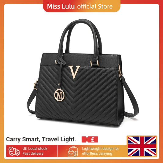 Miss Lulu Women’s Handbags, Chic V-Quilted Top Handle PU Leather Tote with Golden Hardware, Large Bag for Work, School & Travel