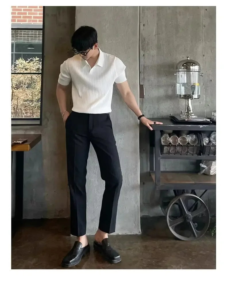 2024 Summer Men's Ice Silk Lapel Polo Short Sleeve Thin Fashionable V-neck Striped Knit Base Layer Top Men's Shirt