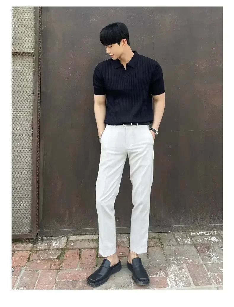 2024 Summer Men's Ice Silk Lapel Polo Short Sleeve Thin Fashionable V-neck Striped Knit Base Layer Top Men's Shirt