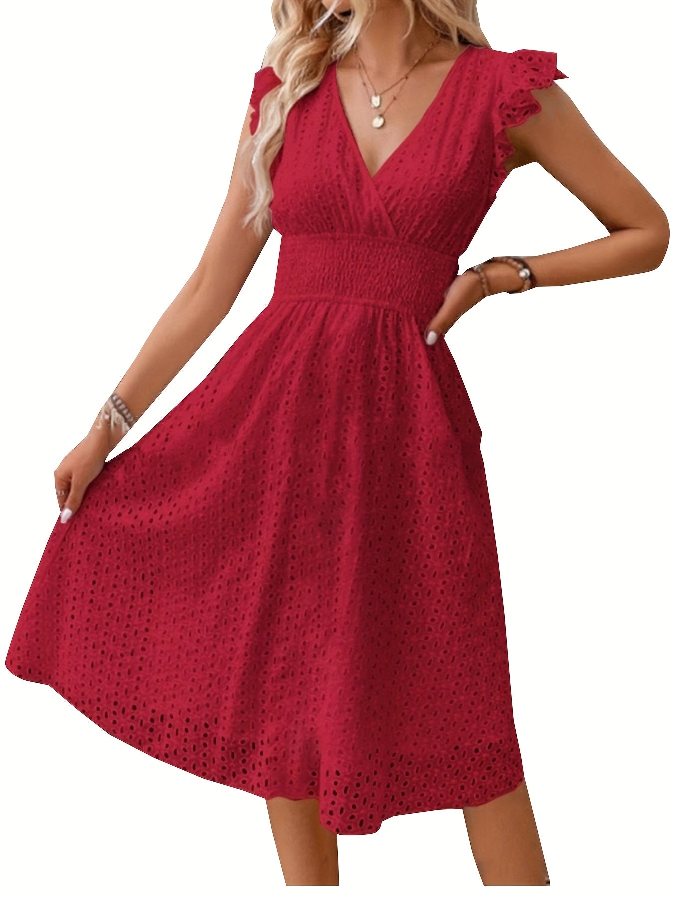 [Elegant Ruffle Sleeve Dress] Elegant Navy Blue Ruffle Sleeve Dress | V-Neck, Cinched Waist, Knee-Length, Solid Color - Perfect for Spring/Summer, Adult Women's Fashion, Casual Attire, Texture