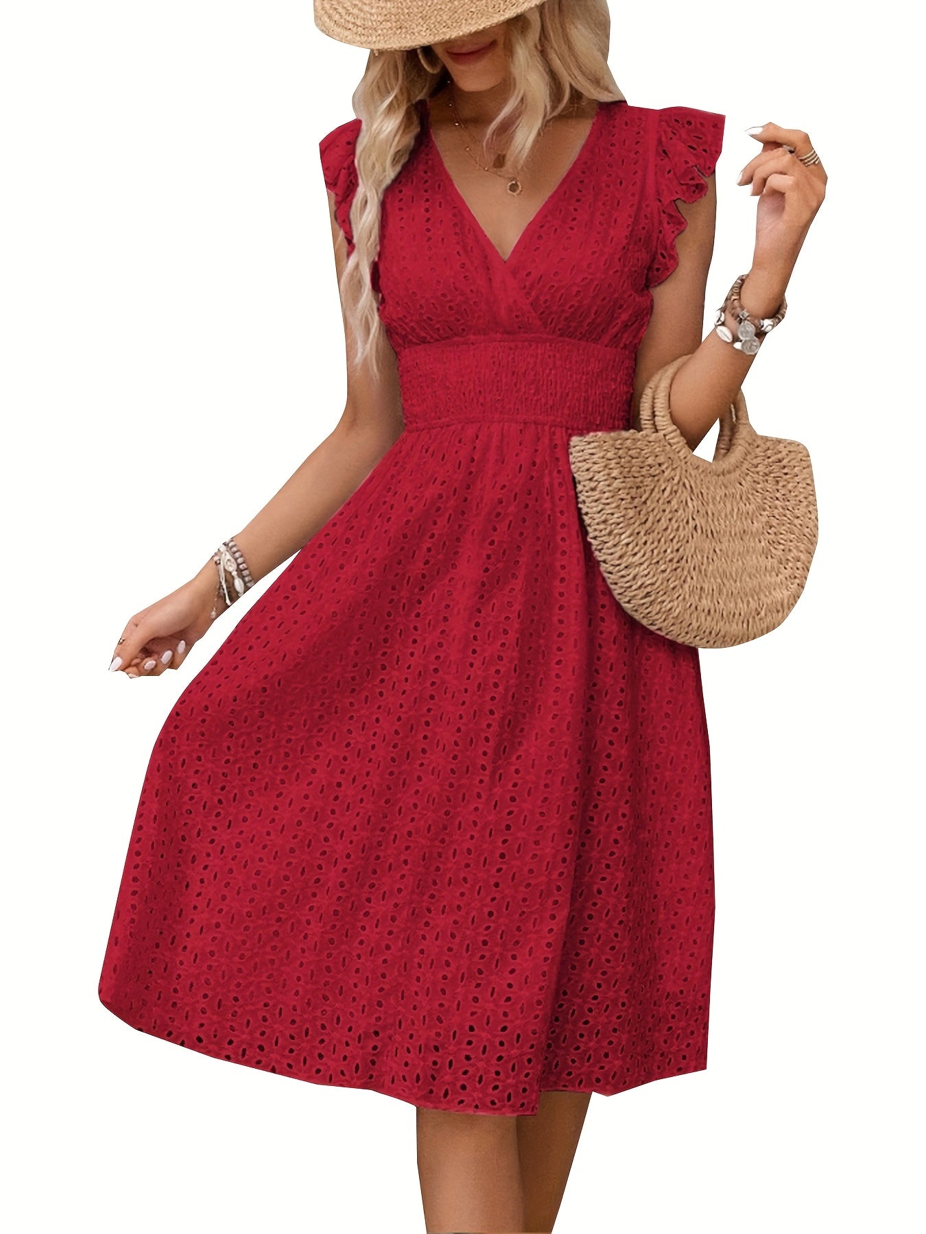 [Elegant Ruffle Sleeve Dress] Elegant Navy Blue Ruffle Sleeve Dress | V-Neck, Cinched Waist, Knee-Length, Solid Color - Perfect for Spring/Summer, Adult Women's Fashion, Casual Attire, Texture